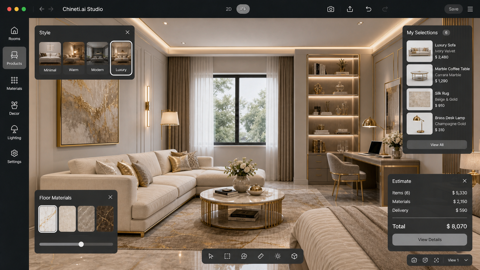 Interior matched with supplier products and estimate panel