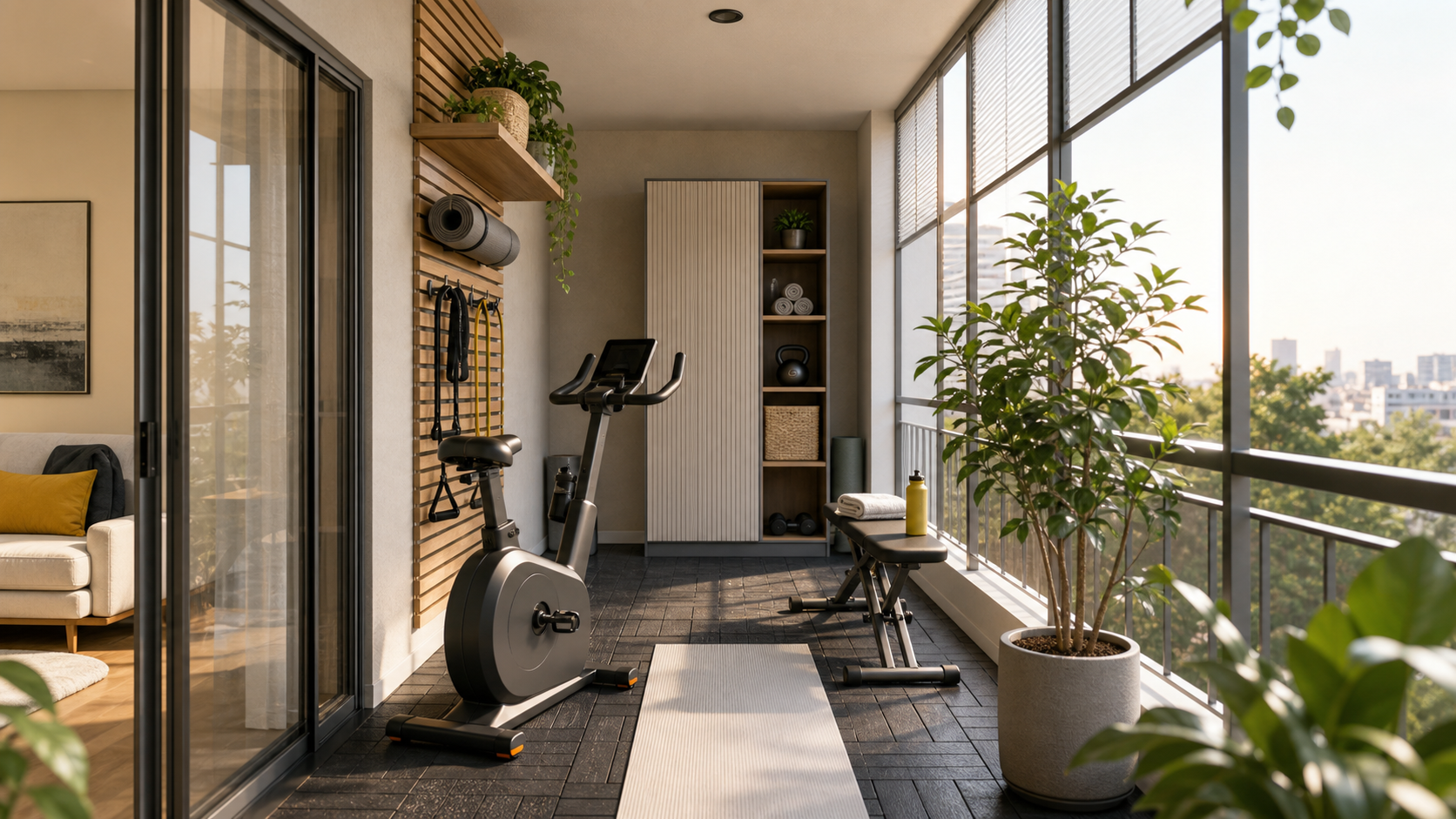 Balcony fitness corner project with compact exercise equipment
