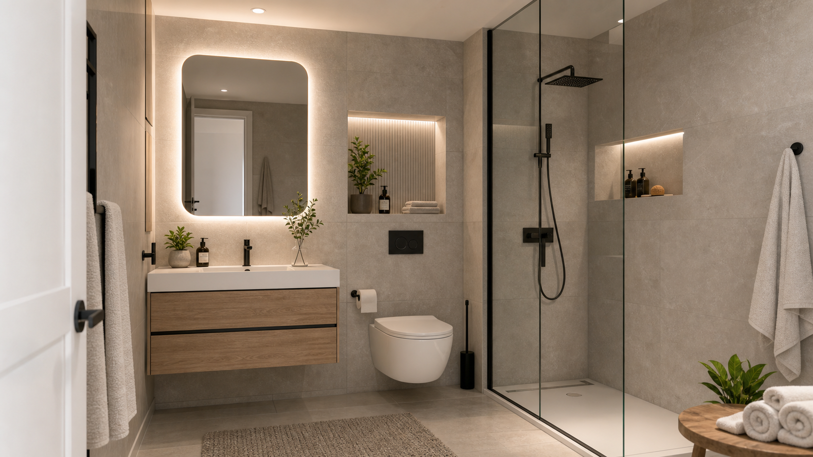 Stone spa bathroom project with vanity and shower