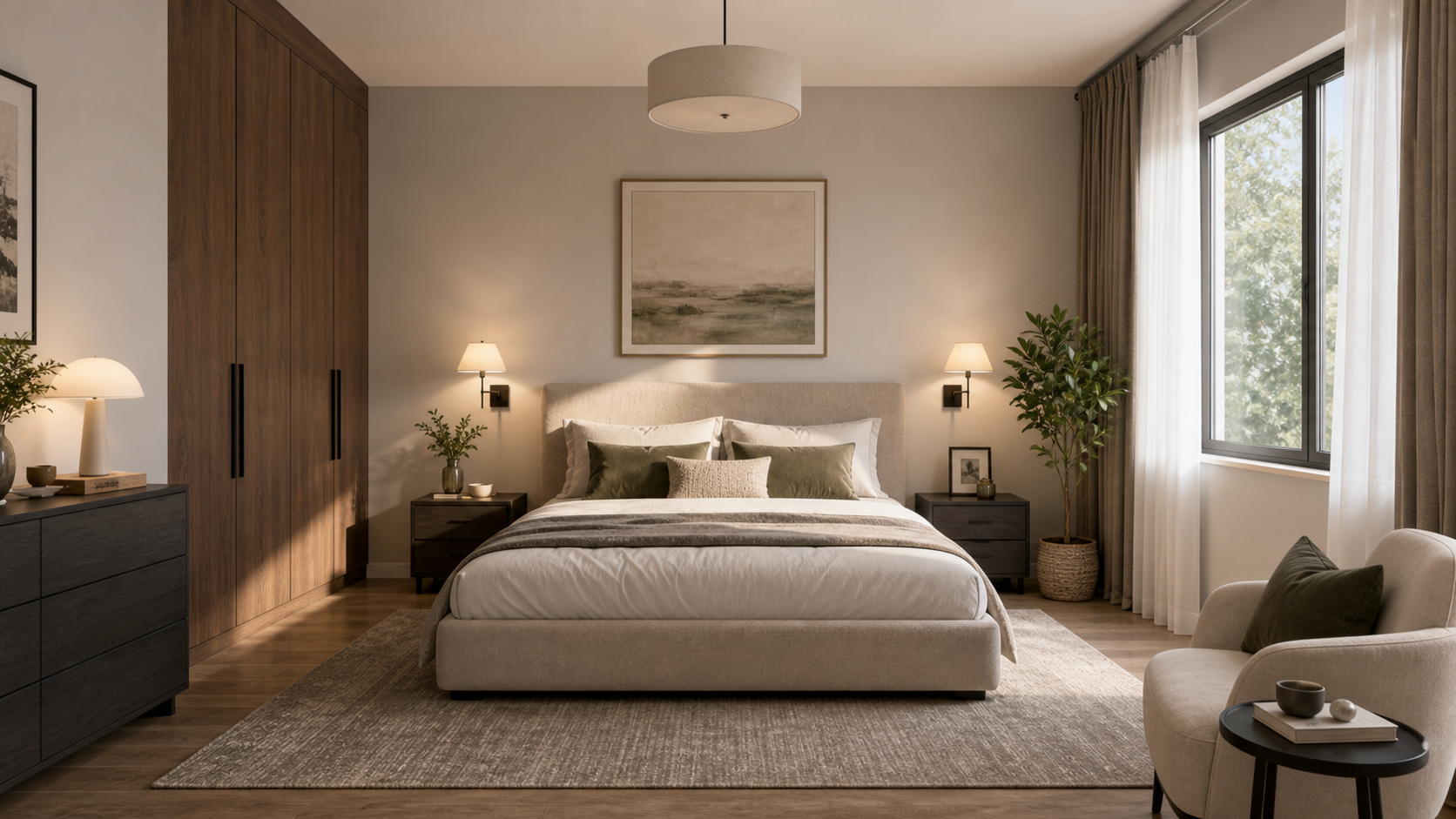 Calm hotel-style bedroom project with bed and wardrobe