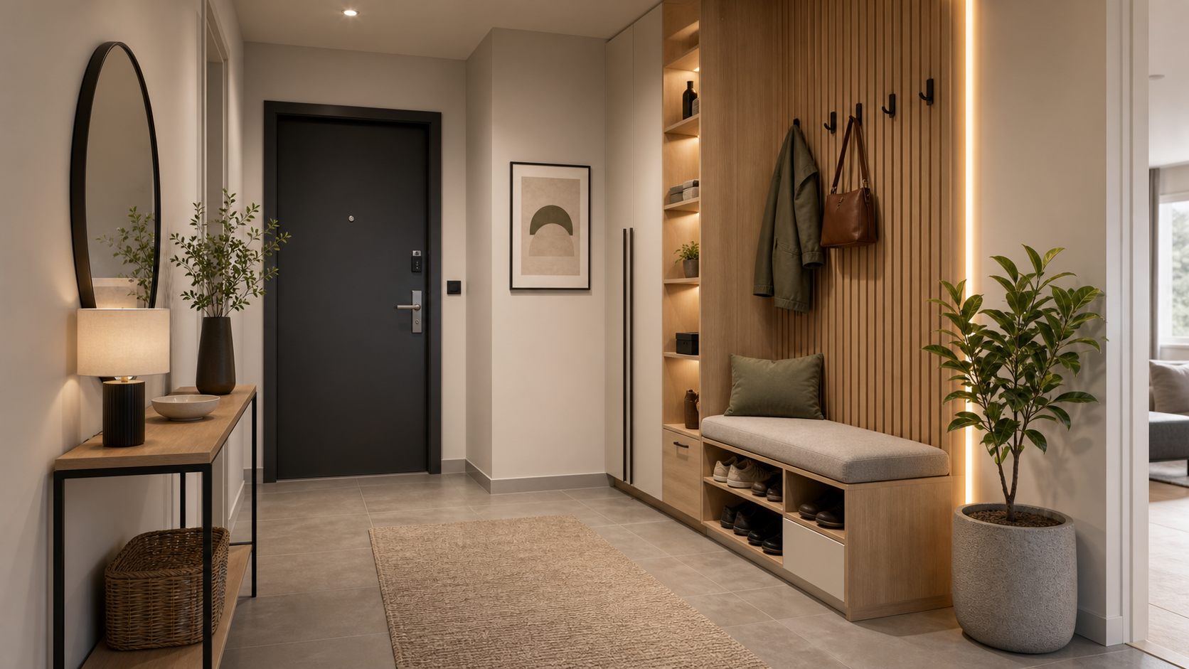Compact hallway project with storage and entry bench