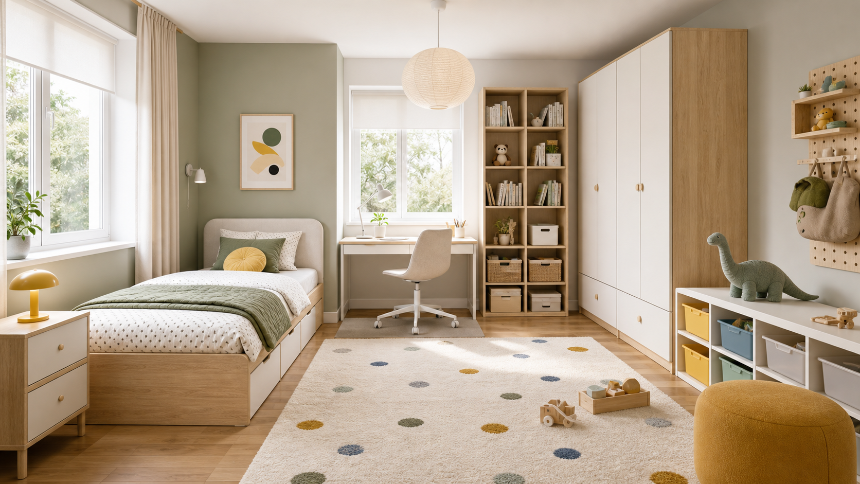 Flexible kids room project with bed desk and storage