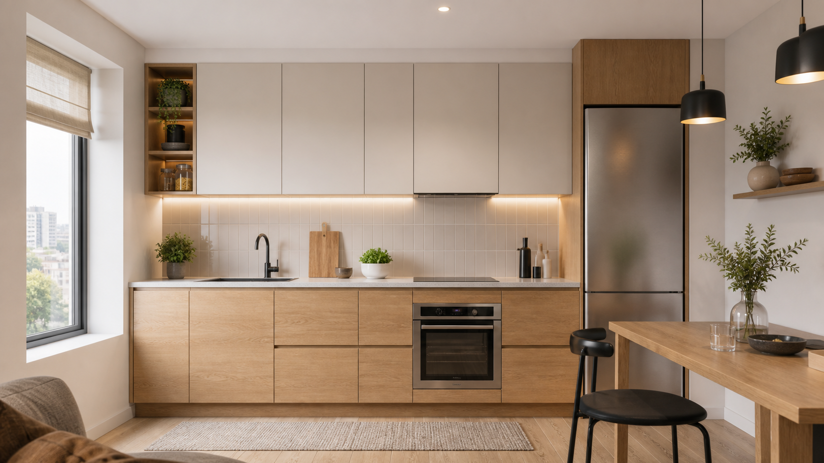 Soft oak kitchen project with cabinets and dining counter