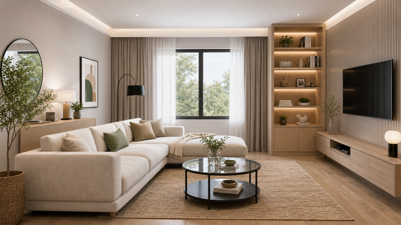 Warm modular living room project with sofa and storage wall