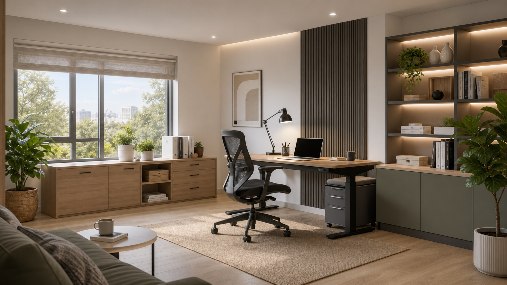 Focused home office project with desk and shelving